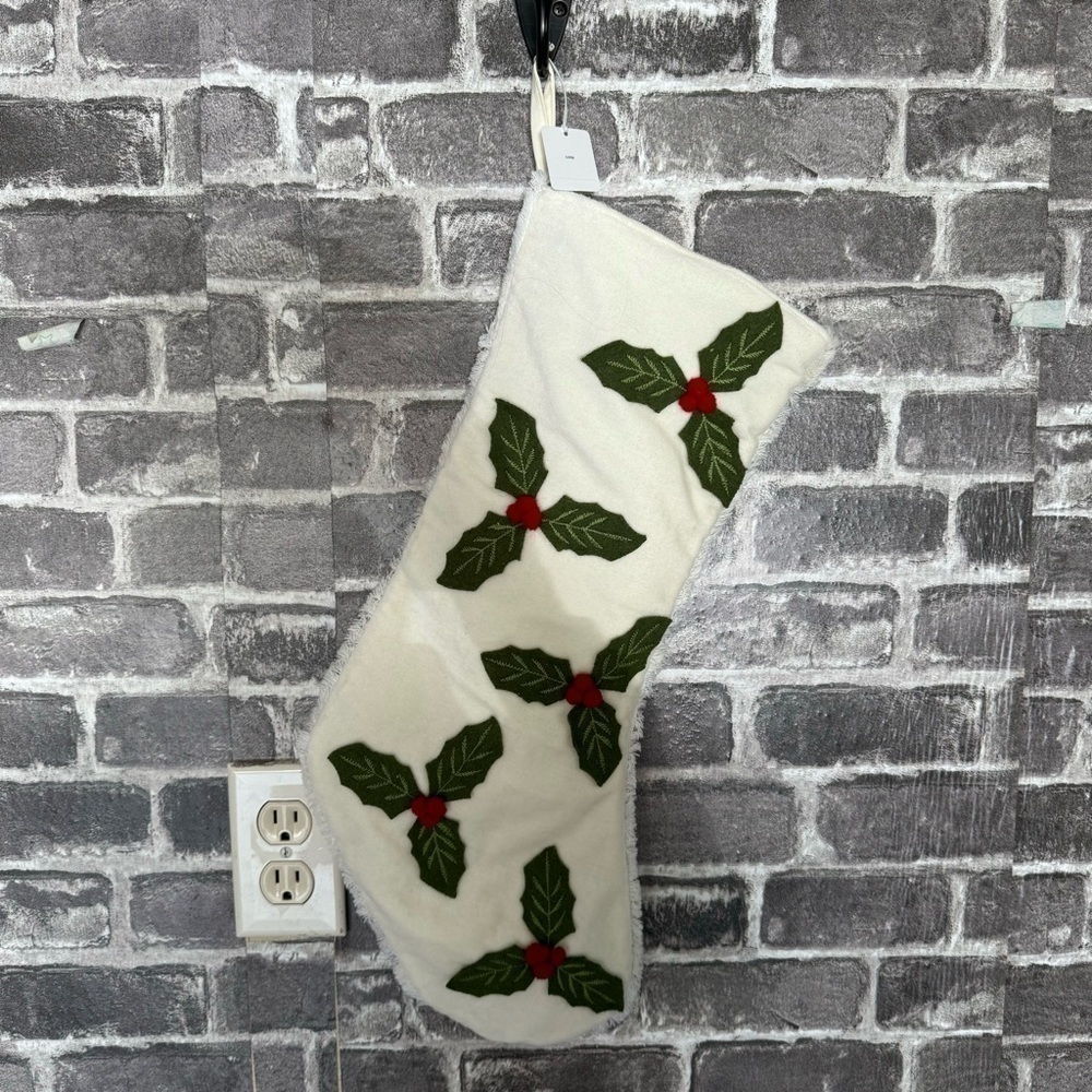NWT Pier 1 Christmas stocking White green holly leaves